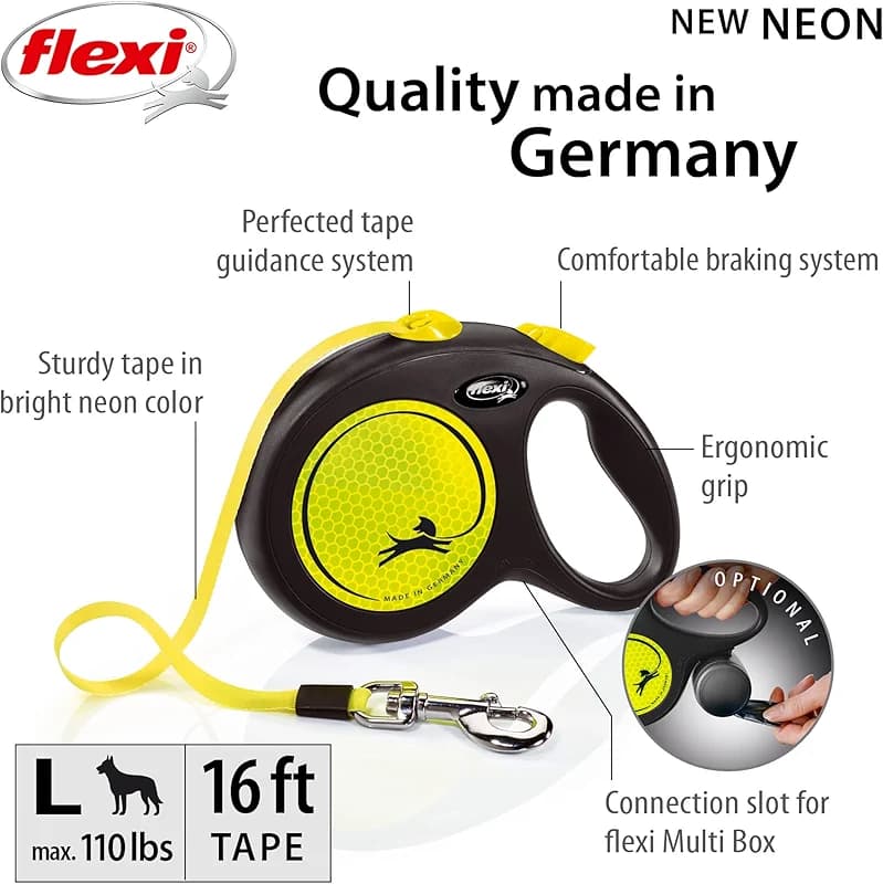 FLEXI New Neon Tape Retractable Dog Leashes for Large Dogs Upto 110 lbs. –